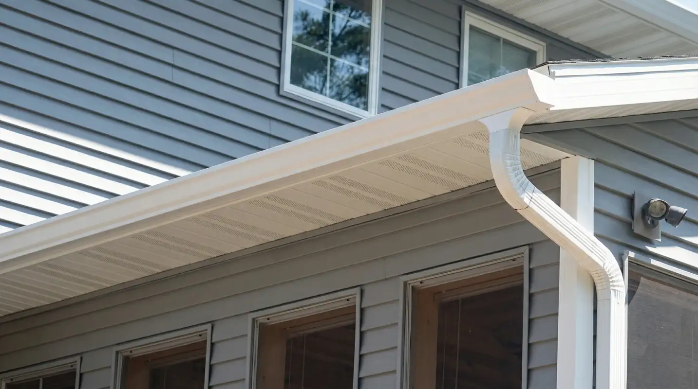 Professional home remodeling project showing newly installed white seamless gutters and downspouts on a house with gray siding in Sioux Falls, SD