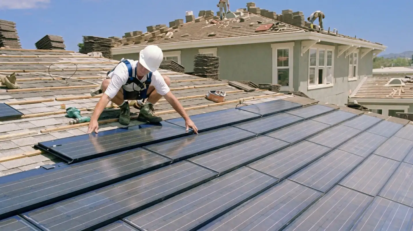 Roof replacement expert installing modern solar shingles on a residential home in Sioux Falls, SD