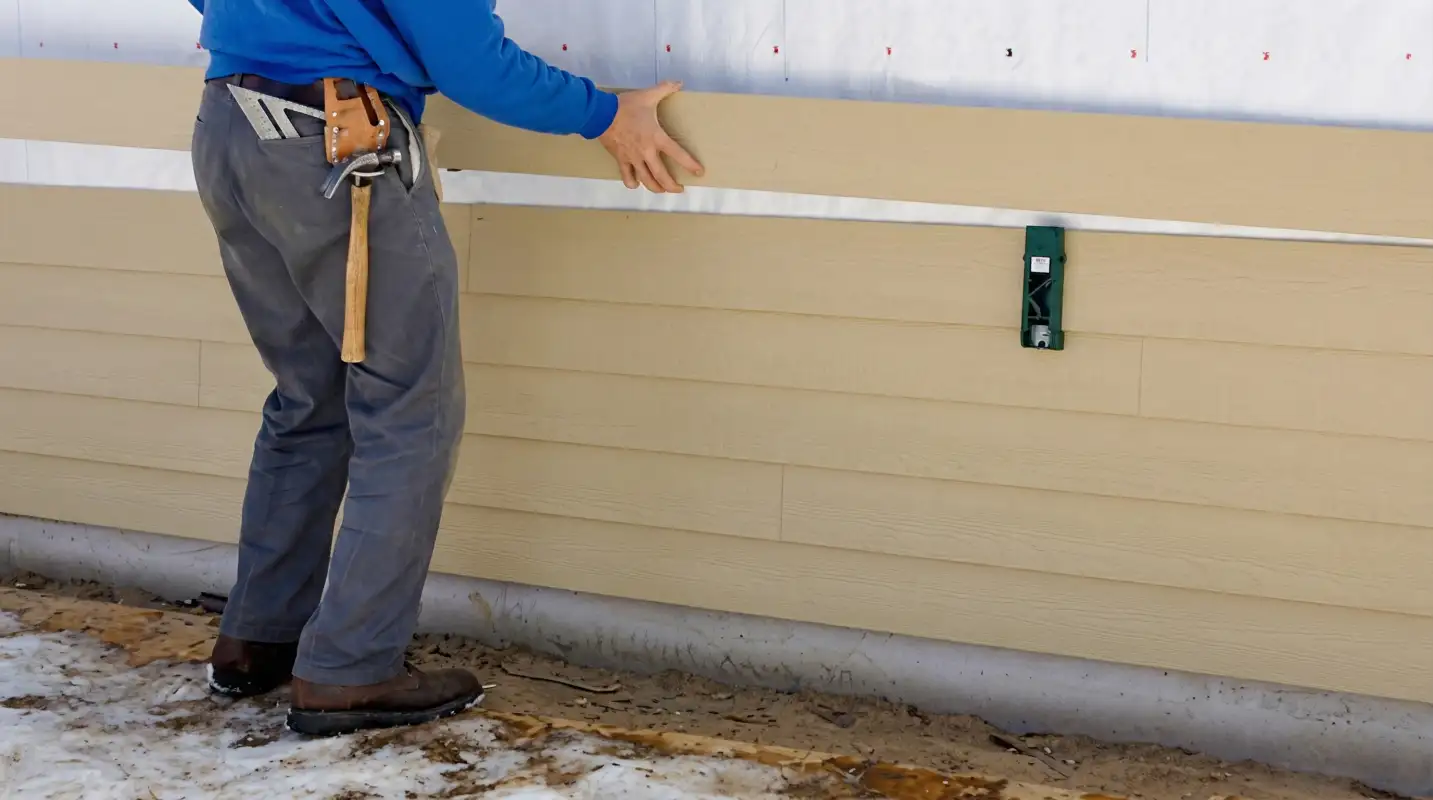 Siding replacement expert carefully aligning a new tan siding panel onto a residential exterior wall in Sioux Falls, SD