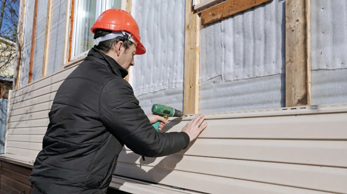 Siding replacement professional using a power drill to install new tan vinyl siding on a home exterior in Sioux Falls, SD