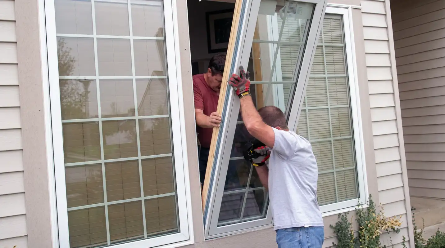Professional home remodeling team installing a large replacement window on a house with tan siding in Sioux Falls, SD